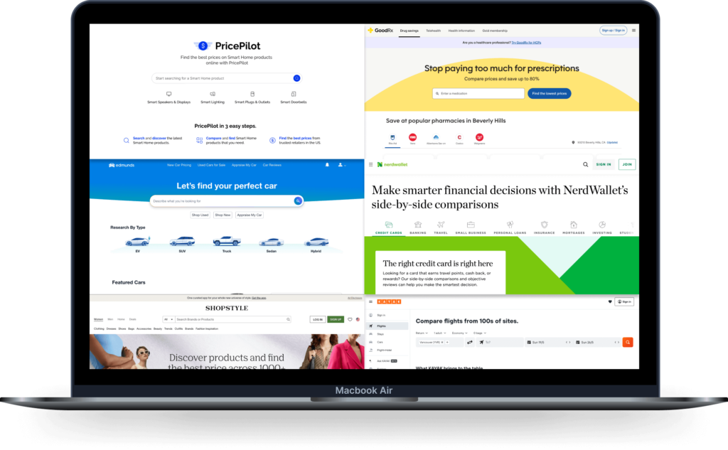 Mosaic of a few price comparison websites in a laptop
