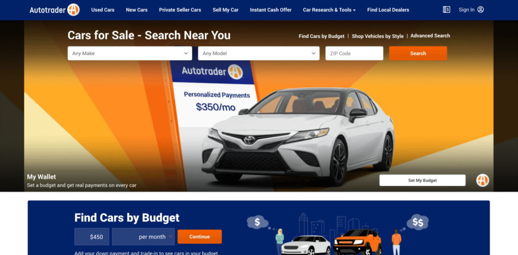 View of the AutoTrader homepage