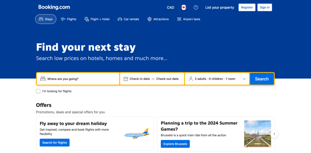 View of the Booking.com homepage