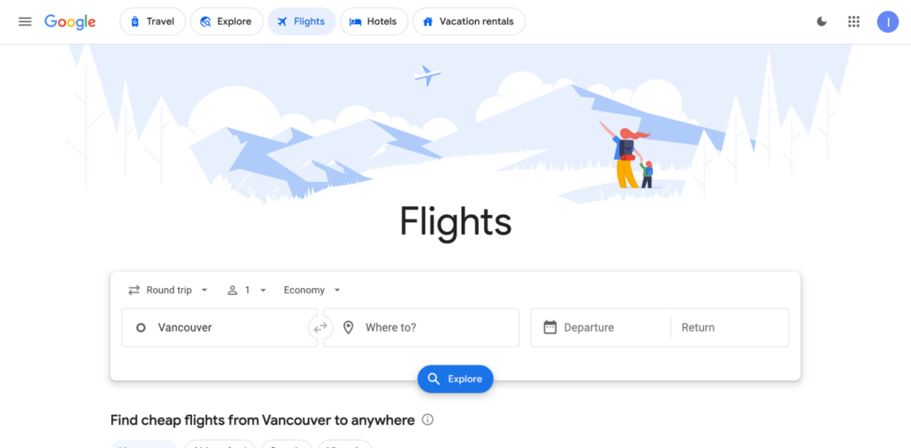 View of the Google Flights homepage