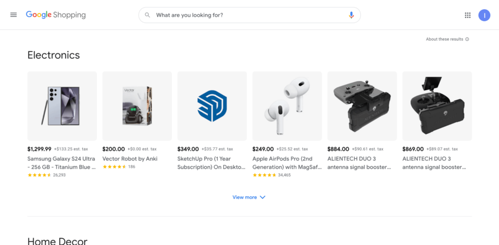View of the Google Shopping homepage