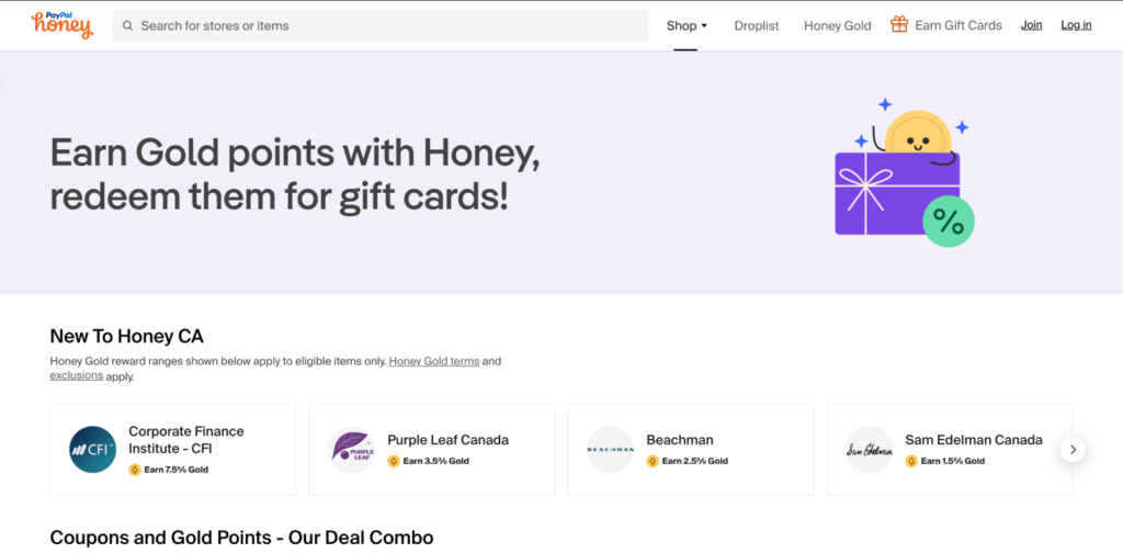View of the Honey homepage
