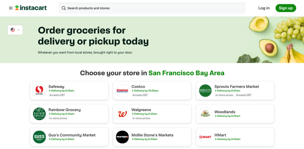 View of the Instacart homepage