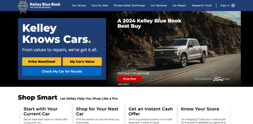 View of the Kelley Blue Book homepage