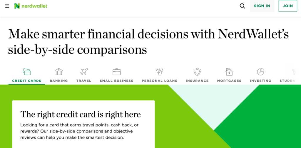 View of the NerdWallet homepage