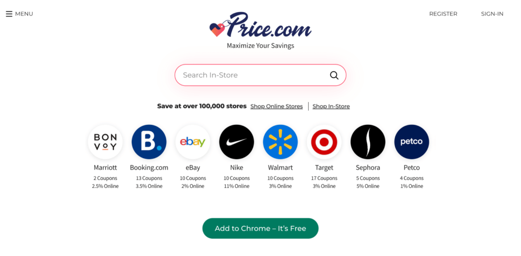 View of the Price.com homepage