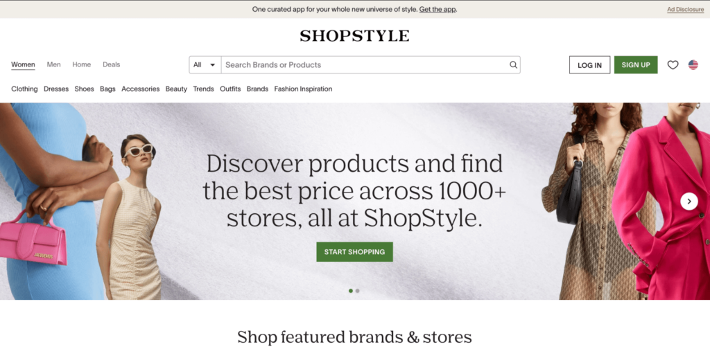 View of the ShopStyle homepage