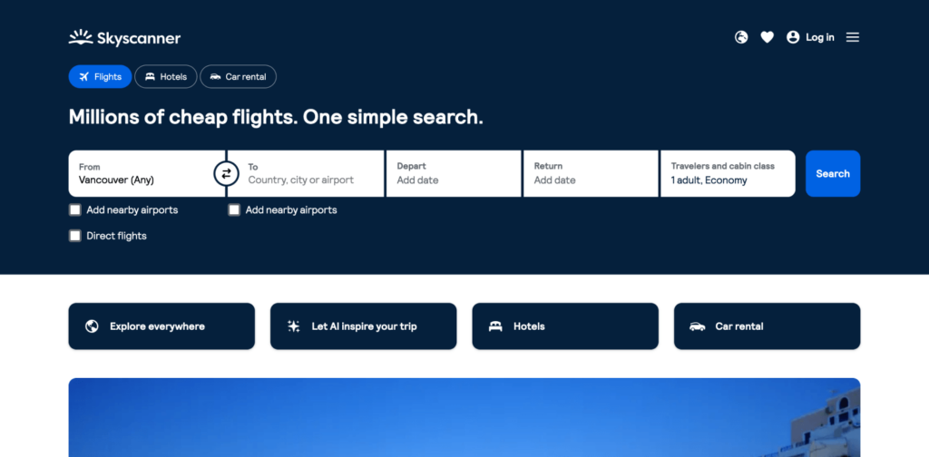 View of the SkyScanner homepage
